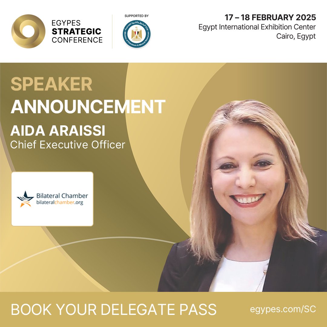 Egypt Energy Show (@egyptenergyshow) on Twitter photo Welcoming Aida Araissi, CEO, <a href="/BilateralChmbr/">Bilateral Chamber</a>, as a speaker of the EGYPES 2025 Strategic Conference taking place 17-18 February in Cairo.
As the CEO of the Bilateral Chamber of Commerce, Aida has been instrumental in fostering cross-border trade and collaboration, enhancing Welcoming Aida Araissi, CEO, <a href="/BilateralChmbr/">Bilateral Chamber</a>, as a speaker of the EGYPES 2025 Strategic Conference taking place 17-18 February in Cairo.
As the CEO of the Bilateral Chamber of Commerce, Aida has been instrumental in fostering cross-border trade and collaboration, enhancing