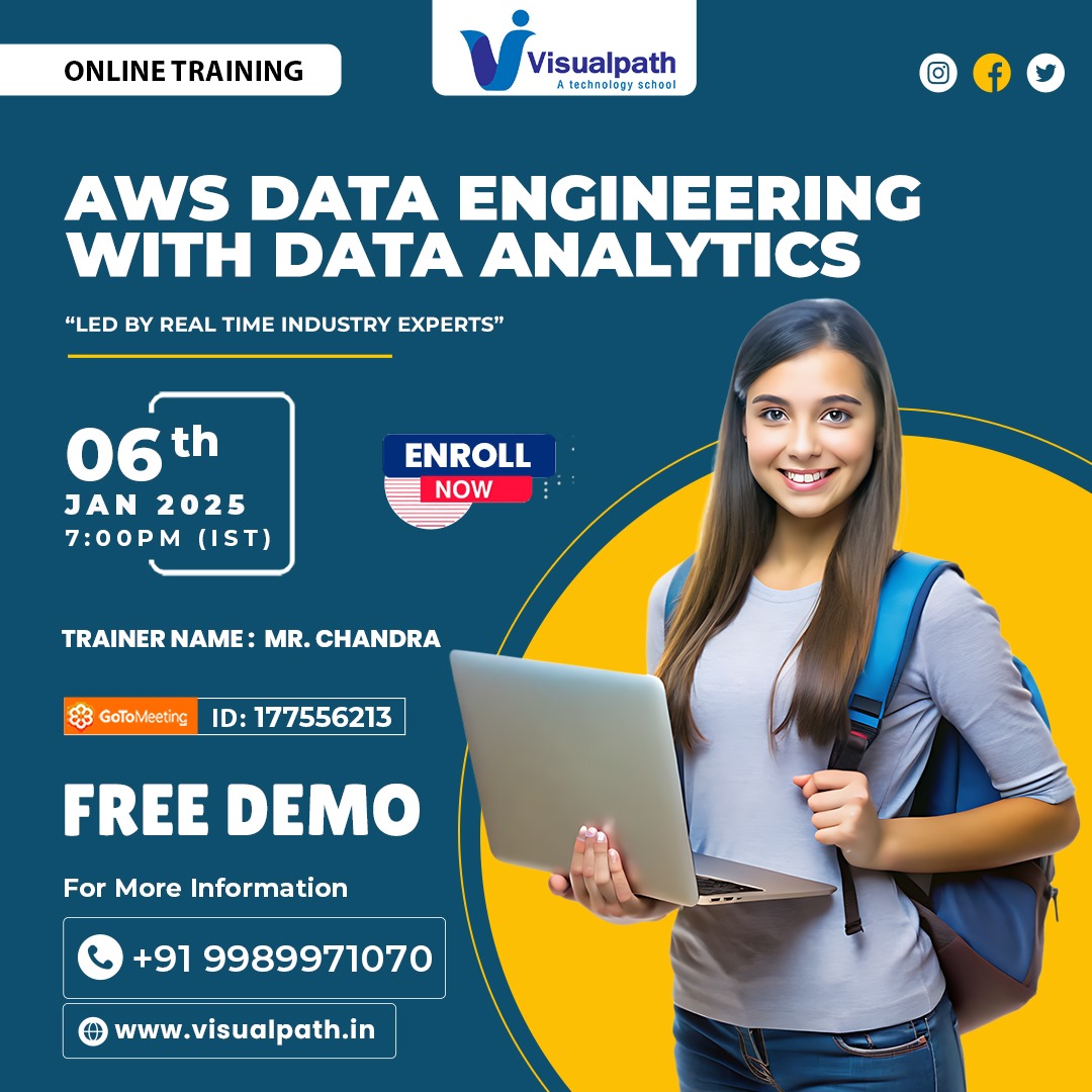 VisualpathPro's tweet image. Join Now:  meet.goto.com/177556213
Attend Online #Free_Demo On #Aws_Data_Engineering 
Demo on: 6th January 2025 @ 7:00 PM IST.
Call us: +91 9989971070
WhatsApp: bit.ly/47eayBz
Visit: visualpath.in/online-aws-dat… 
#DataEngineering #AWSTraining #ETL #DataPipelines