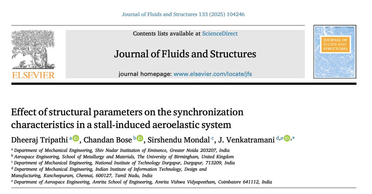 A new paper out in the Journal of Fluids and Structures @Elsevier_Eng on the synchronisation characteristics in nonlinear aeroelastic systems, led by my co-advised PhD student, Dr. Dheeraj Tripathi, with Dr. Venkatramani J.  #BioFSILab <a href="/unibirmingham/">Uni of Birmingham</a> 

doi.org/10.1016/j.jflu…