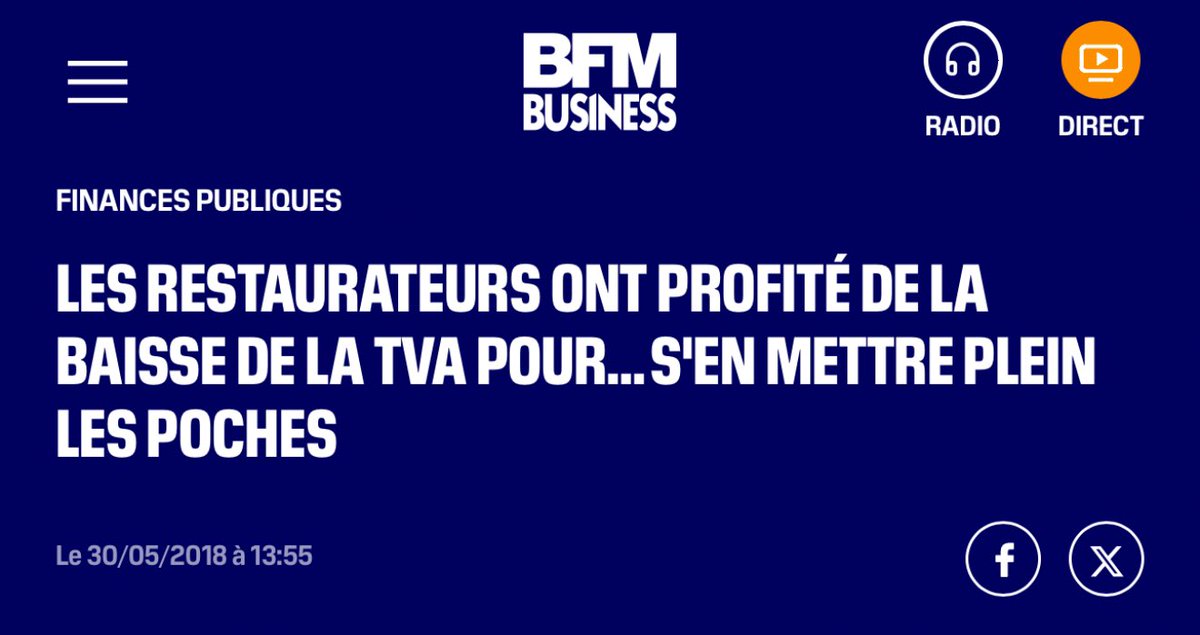 Depuis 2009, le taux de TVA en restauration est passé de de 19,6% à 5,5%. 

Les restaurateurs s'étaient engagés à partager les retombées de cette baisse, notamment auprès des clients. 

Le prix des plats n’ont jamais baissé. 

Ils en veulent toujours plus pour eux.