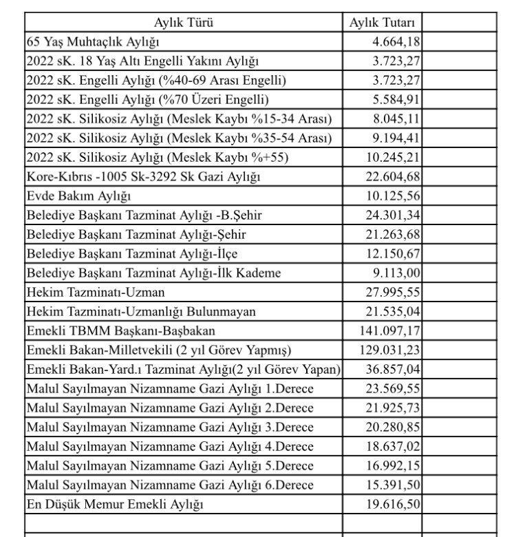1.1.2025-30.6.2025 döneminde mdenecek Emekli aylıkları (seçilmiş gurup)