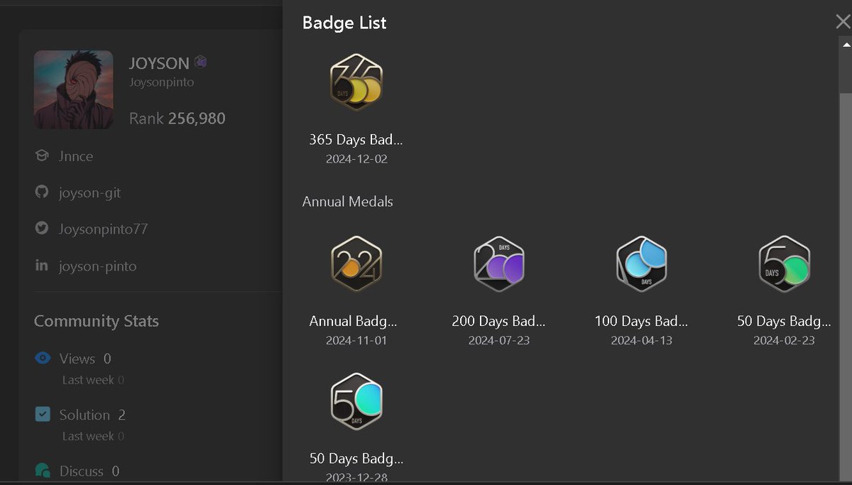 Joysonpinto77's tweet image. In 2024, earned all badges in #ProblemSolving on #LeetCode! #CodingSkills #LeetCodeChampion #DSA #Programming #TechAchievements #SoftwareDeveloper #CodeChallenge #Persistence #JavaDeveloper #Success