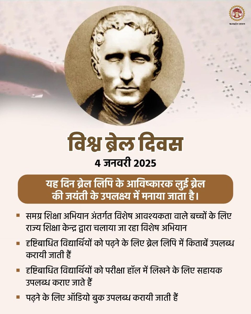 Anjali Meena (@_anjali_meena_) on Twitter photo 4 जनवरी 2025 विश्व ब्रेल दिवस
यह दिन ब्रेल लिपि के आविष्कारक #लुई_ब्रेल की जयंती के उपलक्ष्य में मनाया जाता है
दृष्टिबाधित विद्यार्थियों को पढ़ने के लिए ब्रेल लिपि में किताबें उपलब्ध करायी जाती हैं
<a href="/DrMohanYadav51/">Dr Mohan Yadav</a>
<a href="/CMMadhyaPradesh/">Chief Minister, MP</a>
<a href="/JansamparkMP/">Jansampark MP</a>
#WorldBrailleDay 4 जनवरी 2025 विश्व ब्रेल दिवस
यह दिन ब्रेल लिपि के आविष्कारक #लुई_ब्रेल की जयंती के उपलक्ष्य में मनाया जाता है
दृष्टिबाधित विद्यार्थियों को पढ़ने के लिए ब्रेल लिपि में किताबें उपलब्ध करायी जाती हैं
<a href="/DrMohanYadav51/">Dr Mohan Yadav</a>
<a href="/CMMadhyaPradesh/">Chief Minister, MP</a>
<a href="/JansamparkMP/">Jansampark MP</a>
#WorldBrailleDay