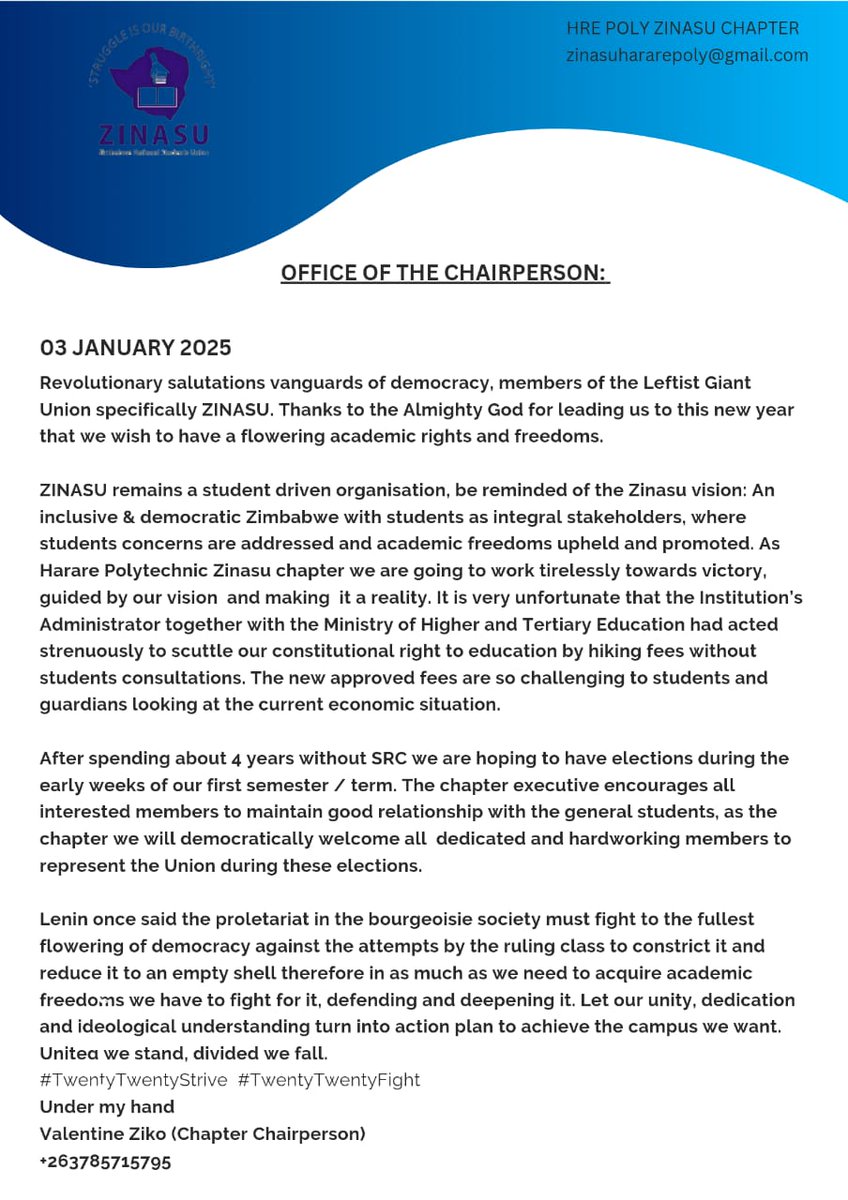 HPolyZinasu's tweet photo. "In as much as we need to acquire academic freedoms we have to fight for it, defend it and deepen it"
#TwentyTwentyStrive
#TwentyTwentyFight
@Zinasuharare @Zinasuzim https://t.co/LELUJ4H9fM