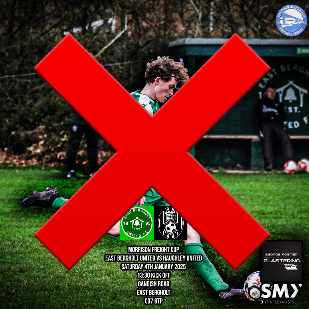 ❌GAME OFF❌

The First Team’s game at Gandish Road against <a href="/HaughleyFc/">Haughley United F.C</a> has been called off!

#GreenArmy

Sponsored By <a href="/smyitservices/">Smy IT Services</a>