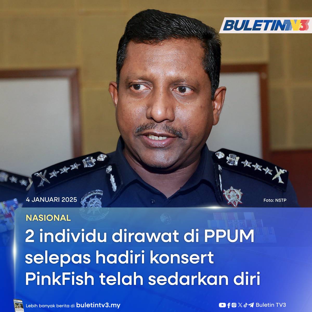 BuletinTV3's tweet image. NASIONAL | Dua individu yang sedang menerima rawatan di unit rawatan rapi (ICU) di Pusat Perubatan Universiti Malaya (PPUM) selepas menghadiri konsert PinkFish Countdown 2024 di mana empat dilapor maut, telah sedarkan diri.

#BuletinTV3 #PinkFish #konsert