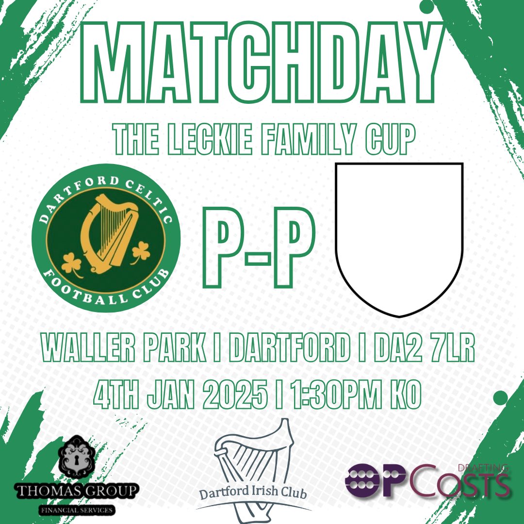Dartford Celtic FC (@celticdartford) on Twitter photo Todayโs game against <a href="/LittlebourneFC/">Littlebourne FC</a> has been postponed due to a frozen pitch.
Up the Celts! โ๏ธโ๏ธ Todayโs game against <a href="/LittlebourneFC/">Littlebourne FC</a> has been postponed due to a frozen pitch.
Up the Celts! โ๏ธโ๏ธ