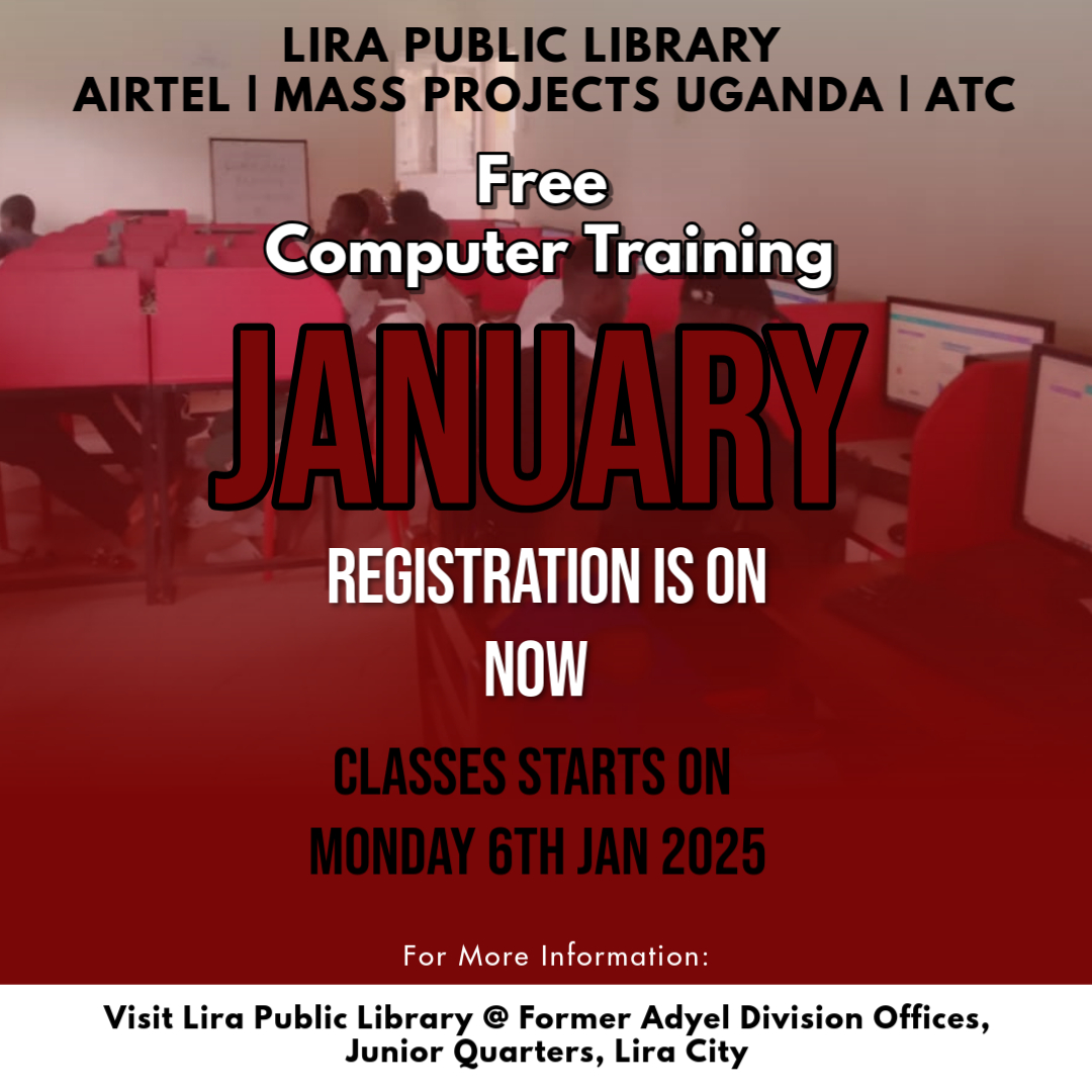 Happy new year 2025 to you...
We are glad to have you this year again.
Well we are reminding you that our usual free computer training program at Lira Public Library is kicking off on Monday 6th Jan 2025 and the registration is ongoing now.