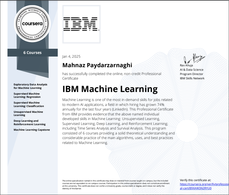 MahnazPdr's tweet photo. I've completed the IBM Machine Learning Specialization on @coursera
✅ Supervised Learning ✅ Unsupervised Learning ✅ Deep Learning ✅ Reinforcement Learning

#IBM #Finance #phd #MachineLearning #ML 

https://t.co/uJYgcq0t4H https://t.co/wGNuo44O72