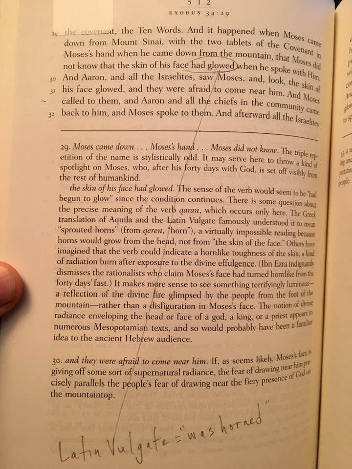 jonmsweeney's tweet photo. Here, you see, is the source of the problem: those horns on #Moses at Milwaukee Art Museum and elsewhere. Exodus 34. #Vulgate https://t.co/XuziniEVyz