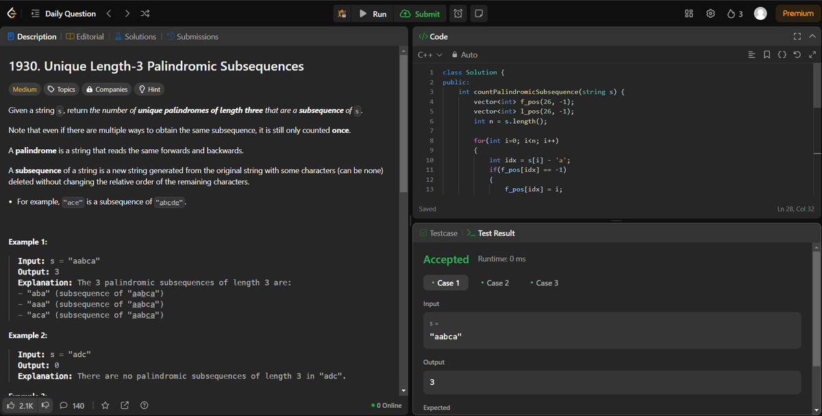 arav_mahind's tweet image. #Day24 of #30daysProductivityChallenge      

-- 📍Solved array related questions       
-- 💻Leetcode  
    - 1930. Unique Length-3 Palindromic Subsequences
    - 219. Contains Duplicate II
    - 128. Longest Consecutive Sequence

#buildinpublic #DSA #LeetCode #ProblemSolving