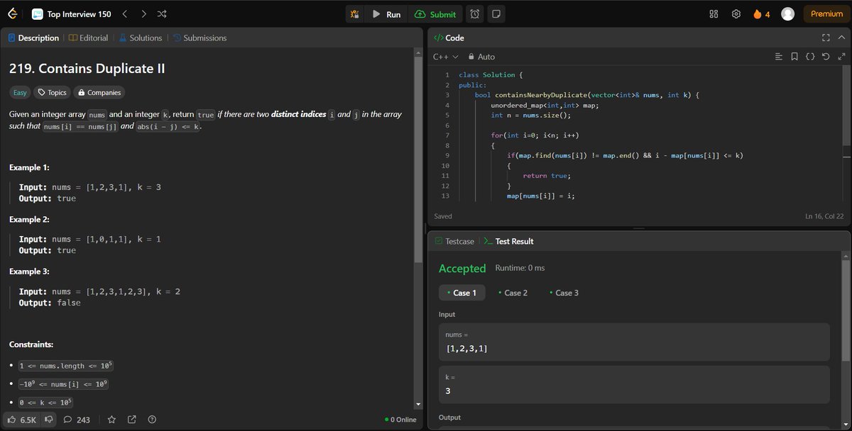 arav_mahind's tweet image. #Day24 of #30daysProductivityChallenge      

-- 📍Solved array related questions       
-- 💻Leetcode  
    - 1930. Unique Length-3 Palindromic Subsequences
    - 219. Contains Duplicate II
    - 128. Longest Consecutive Sequence

#buildinpublic #DSA #LeetCode #ProblemSolving