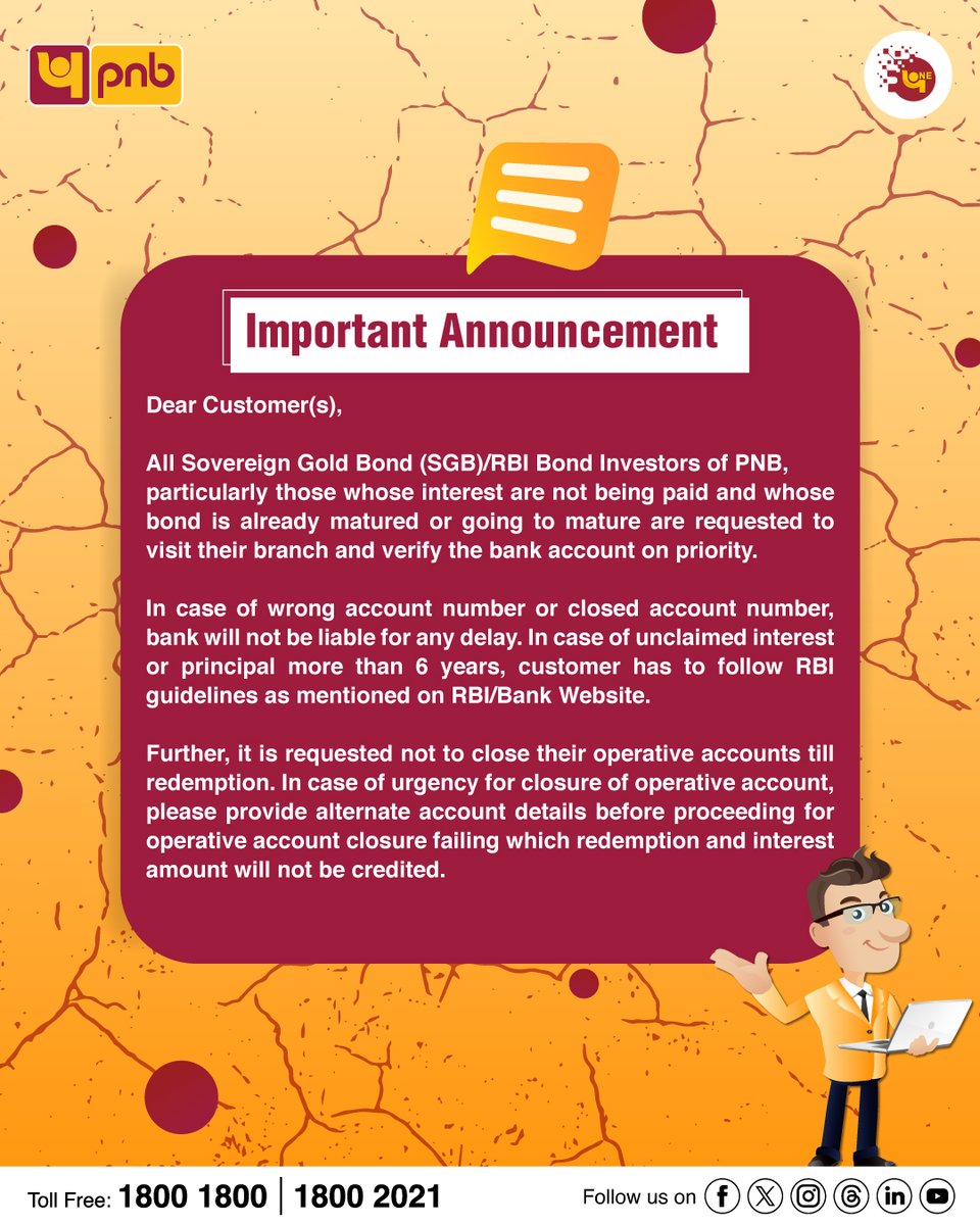 pnbindia's tweet photo. Important Announcement, please take a note.
#Announcement #Attention #SovereignBonds #Banking #PNB https://t.co/83BsRFe7WR