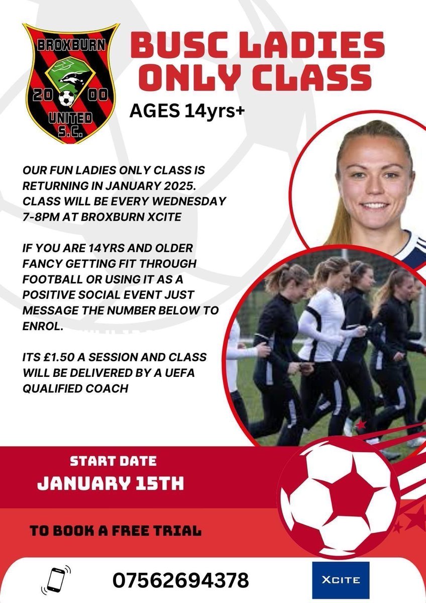 BroxburnUnited's tweet image. ➡️ 𝐁𝐔𝐒𝐂 𝐋𝐚𝐝𝐢𝐞𝐬 𝐎𝐧𝐥𝐲 𝐂𝐥𝐚𝐬𝐬

Our ladies only classes is returning In January &amp;amp; will be held every Wednesday 7pm - 8pm at Broxburn Xcite.

New Year’s resolution to get fit? 💪🏻

To register your interest, get in touch with Steven👇🏻

📱 07562694378
