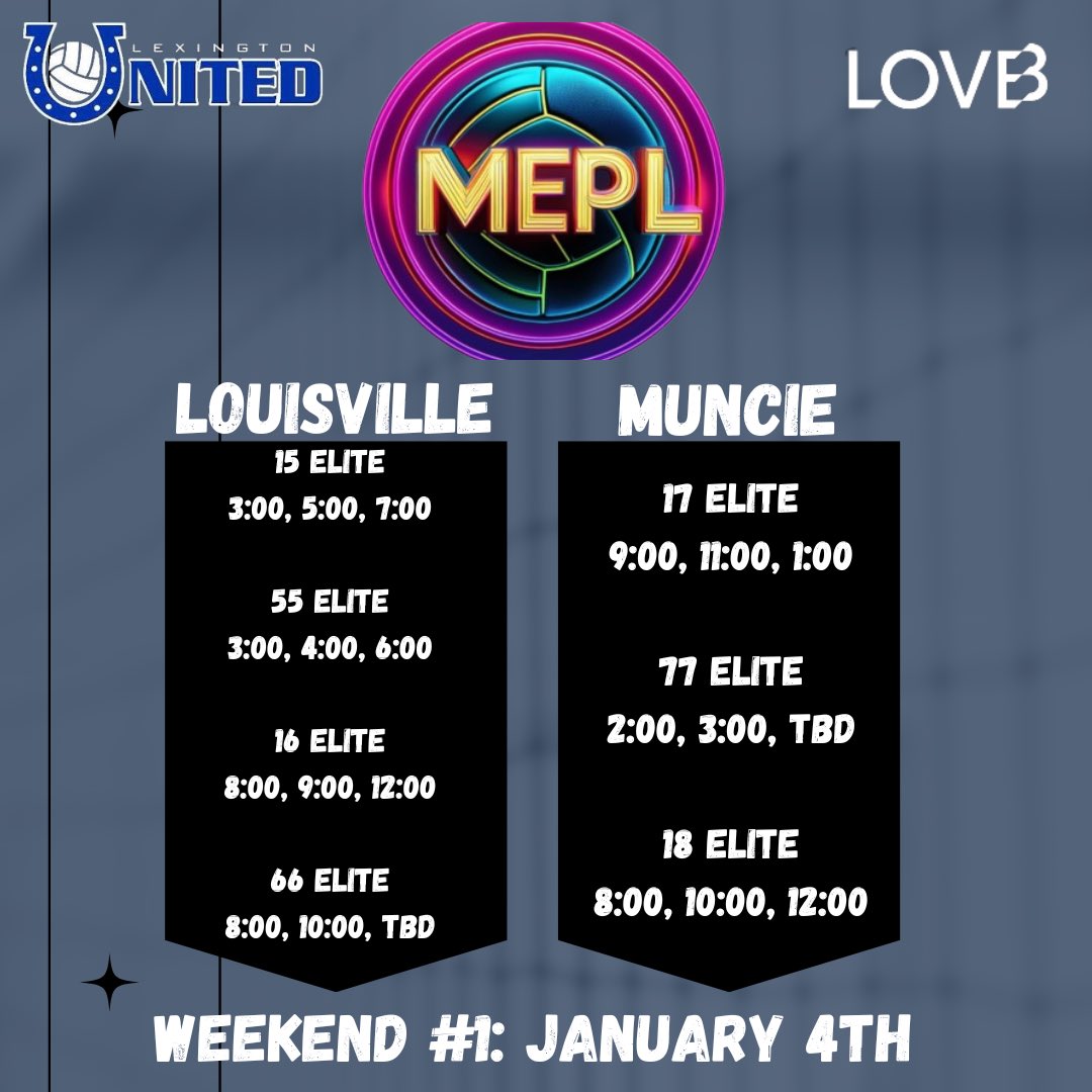 Lex_UnitedVB's tweet image. Good luck and safe travels to our teams competing in the MEPL today in Louisville and Muncie! Results will be posted as available. 
#mepl #lovb