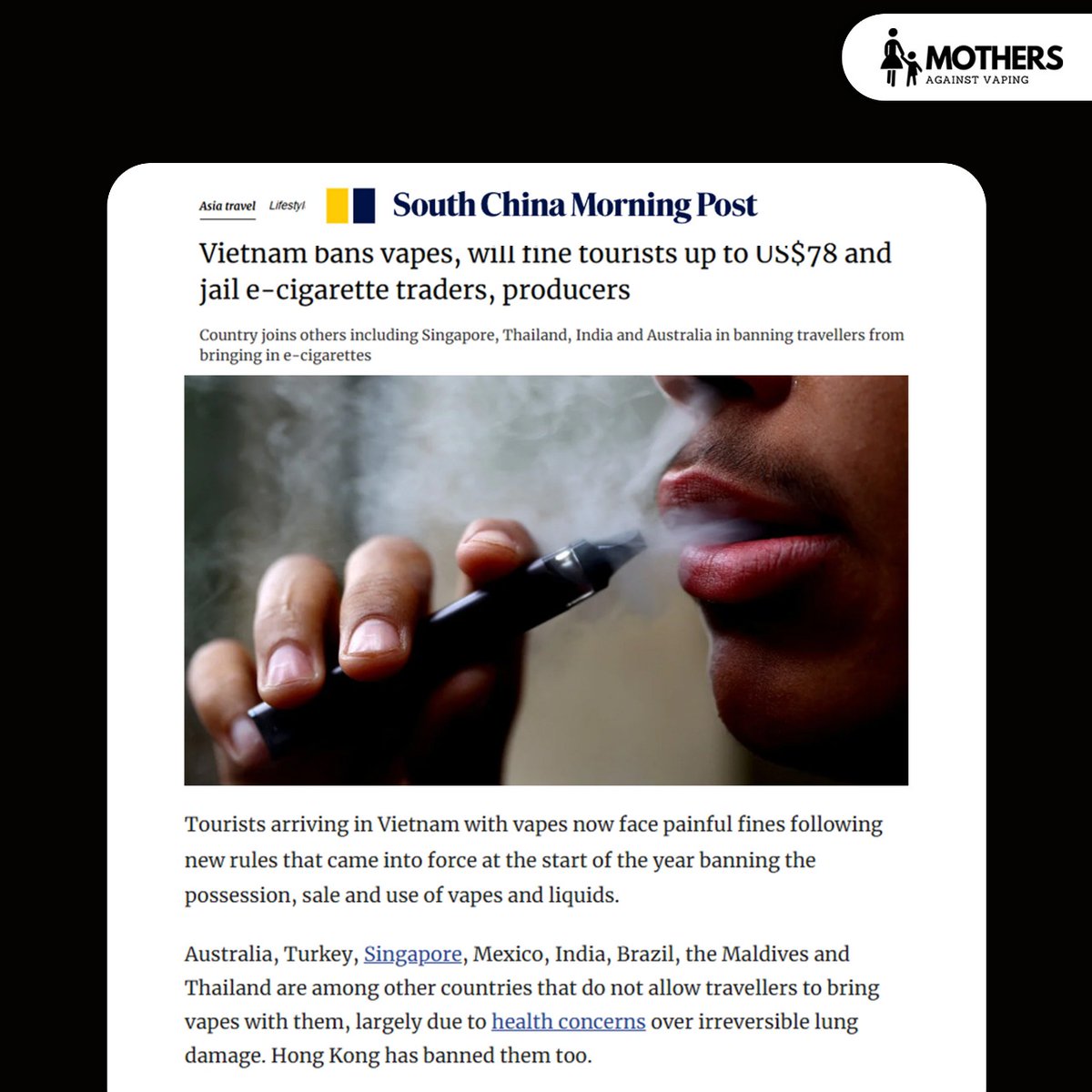 MomsAgainstVape's tweet image. Vietnam joins the fight against vaping, banning e-cigarettes and imposing fines up to US$78 on tourists.

#MothersAgainstVaping
#VapingPrevention #VapingBan
