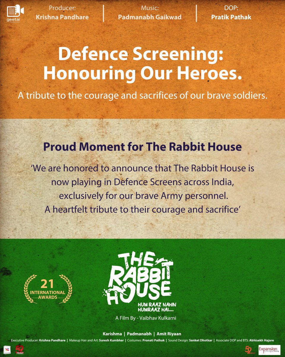 TRH_Raaj's tweet photo. "Honoring Our Heroes! 🎖️
We are deeply proud to announce that The Rabbit House is now screening exclusively for our brave Army personnel across Defence Screens in India.

A heartfelt tribute to their courage, sacrifices, and unwavering dedication. https://t.co/xO0SbU8jEW