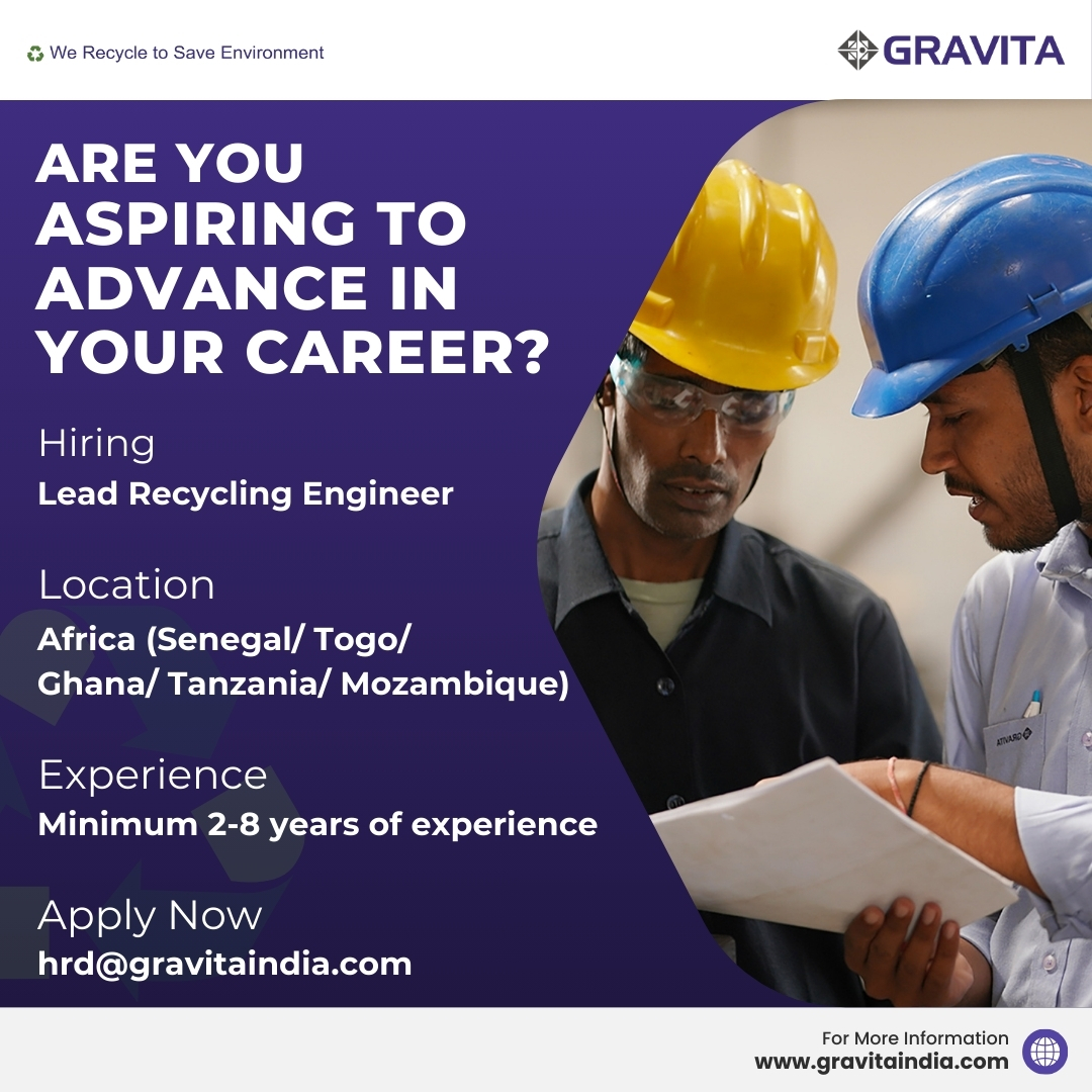GravitaIndiaLtd's tweet photo. #Hiring production engineers to join our lead recycling operations in Togo, Senegal, Tanzania, Ghana and Mozambique.
#jobs #recycling #productionengineers https://t.co/7KkJStfuqZ