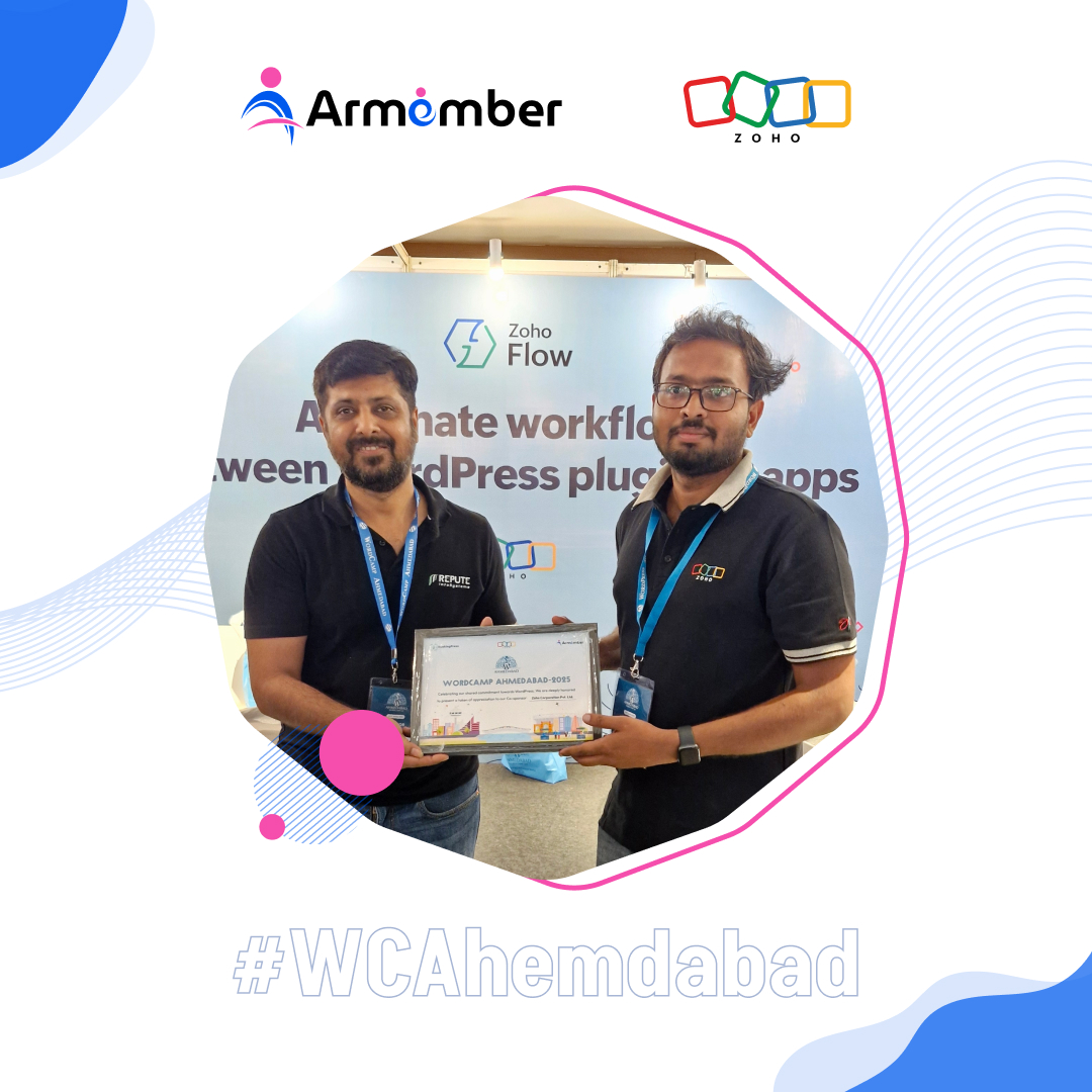 armemberplugin's tweet image. Highlight of WordCamp Ahmedabad: Meeting Zoho Flow! Your support as a #PlatinumSponsor is invaluable, and we’re excited for the future of this partnership. 🚀 #ZohoFlow #ARMember @bookingpress @ankurchotai  @Zoho 

 #WordCamp2025 #WordCamp #WordPressIndia #WordCampAhmedabad