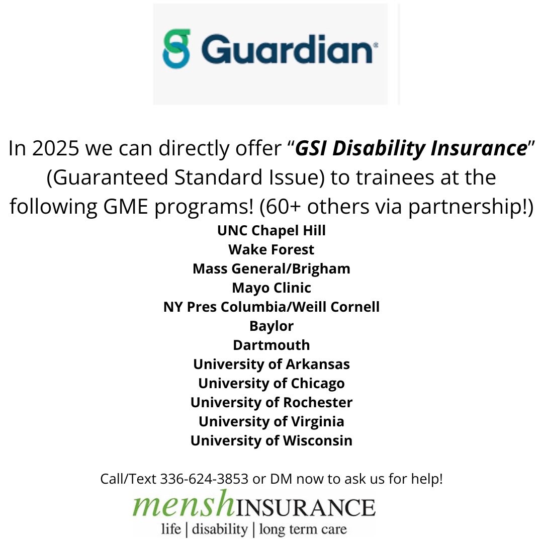 MenshInsurance's tweet photo. Specialty own occupation disability insurance from Guardian WITHOUT any medical review…maximum discounts for these GME programs! DM for help!!!! https://t.co/vJKpUFf4A7