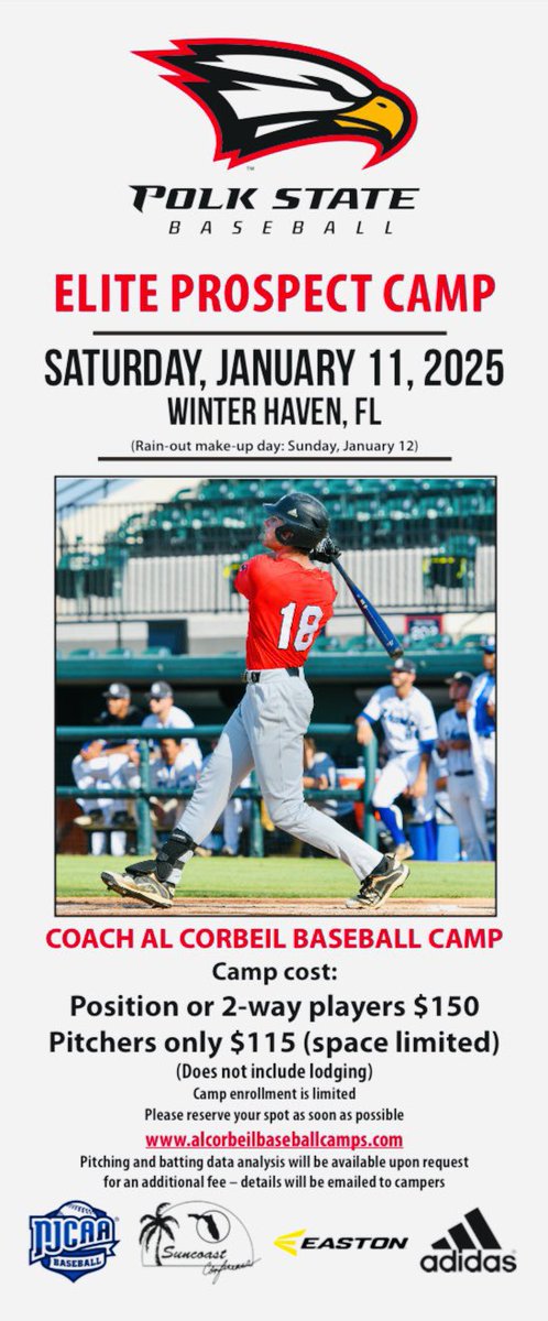🚨🚨ATTENTION🚨🚨 

Polk State Baseball coaching staff will be hosting their Elite Prospect Camp for uncommitted high school recruits on Saturday, Jan 11th! 
If you’re interested in becoming an 🦅 register now at: 
alcorbeilbaseballcamps.com

<a href="/PolkStBaseball/">Polk State Baseball</a>