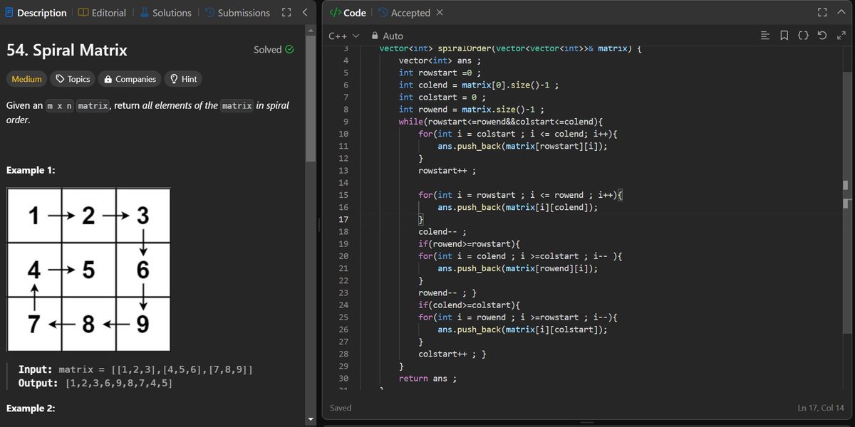 Ashutos03448057's tweet image. Day 15 of #100DaysOfCode 🌀🤖️ Spiral Matrix, decoded! 🌪️🤯 LeetCode puzzles, bring it on! 🧠🎮 Unlocking coding secrets. #LeetCode #SpiralMatrix #CodingAdventure