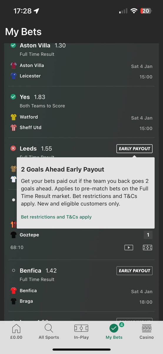 DannyRiggs93's tweet photo. @bet365help Evening! The Leeds game in my acca is saying ❌ even though they went 2 goals ahead and should have ✅ for the early payout. Please can you sort this. https://t.co/VqDeM7EIHm