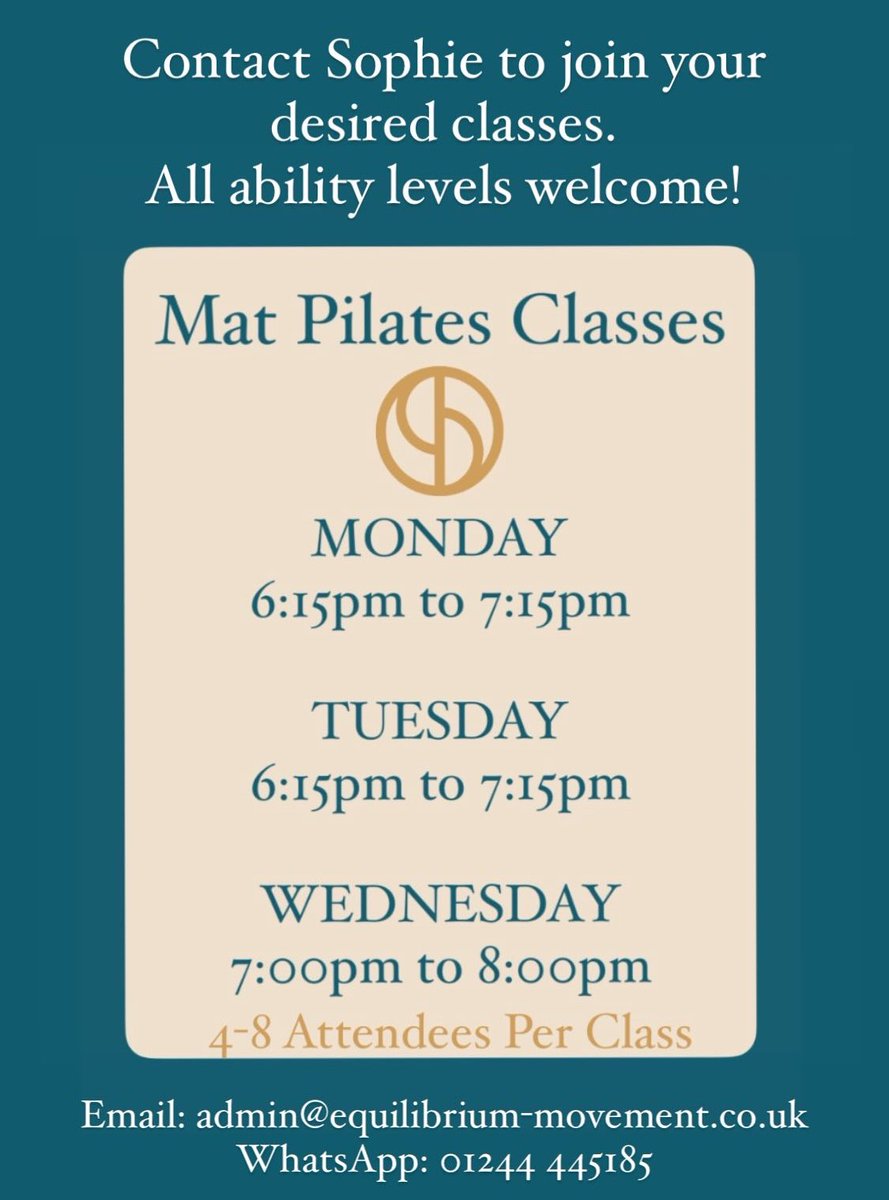 equilibriummove's tweet photo. ✨✨MAT PILATES CLASSES✨✨

Commencing 8th January! Limited spaces. 

admin@equilibrium-movement.co.uk https://t.co/oO0BKLLhkB