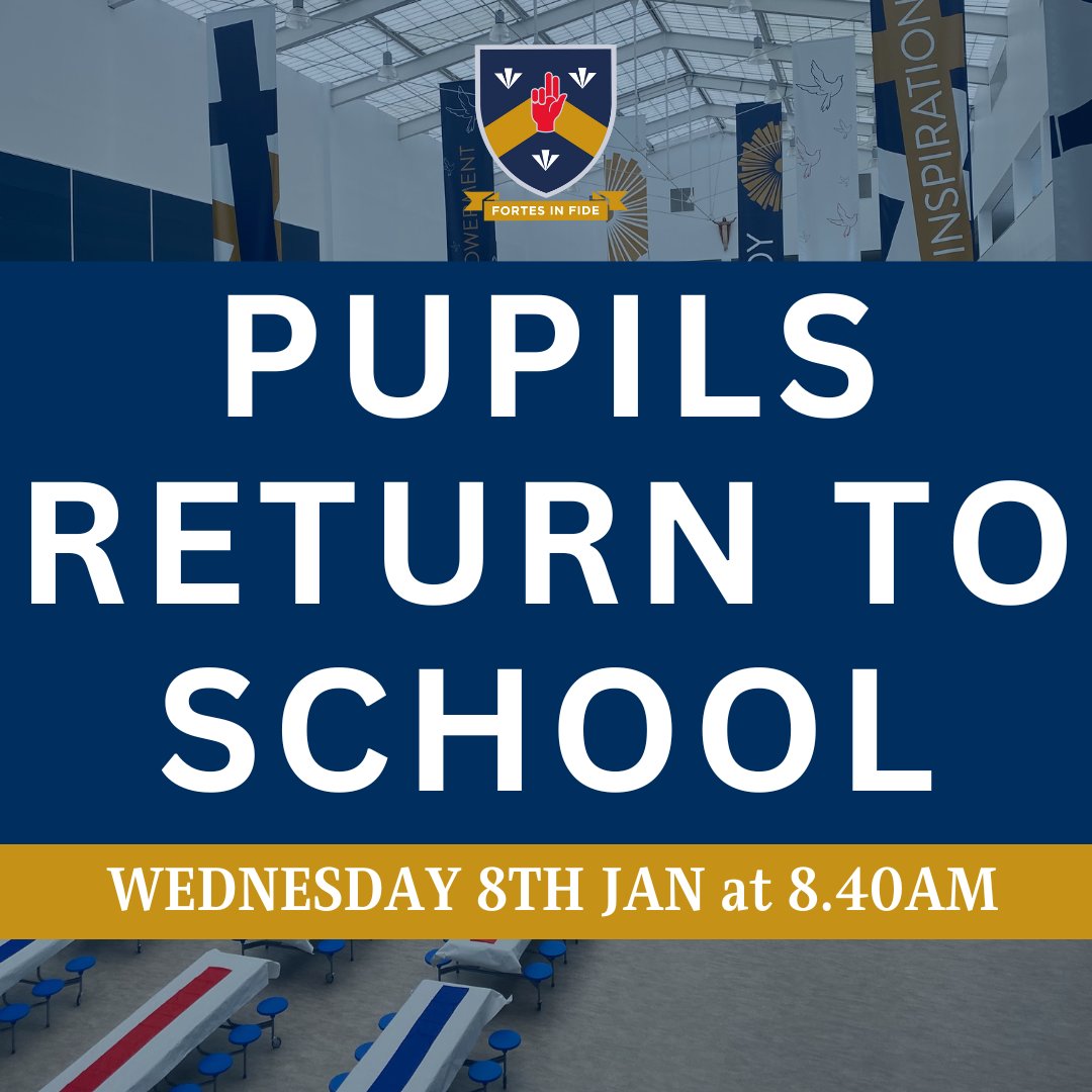 SEACAcademy's tweet photo. "Pupils return to St Edmund Arrowsmith on Wednesday 8th January 2025 at 8.45am. I look forward to welcoming your child back to school and working with them as we continue to learn and ‘live life in all it’s fullness’." - Mrs McKenna
#SEACA #Backtoschool #NewYear https://t.co/RLxDvmKPqS