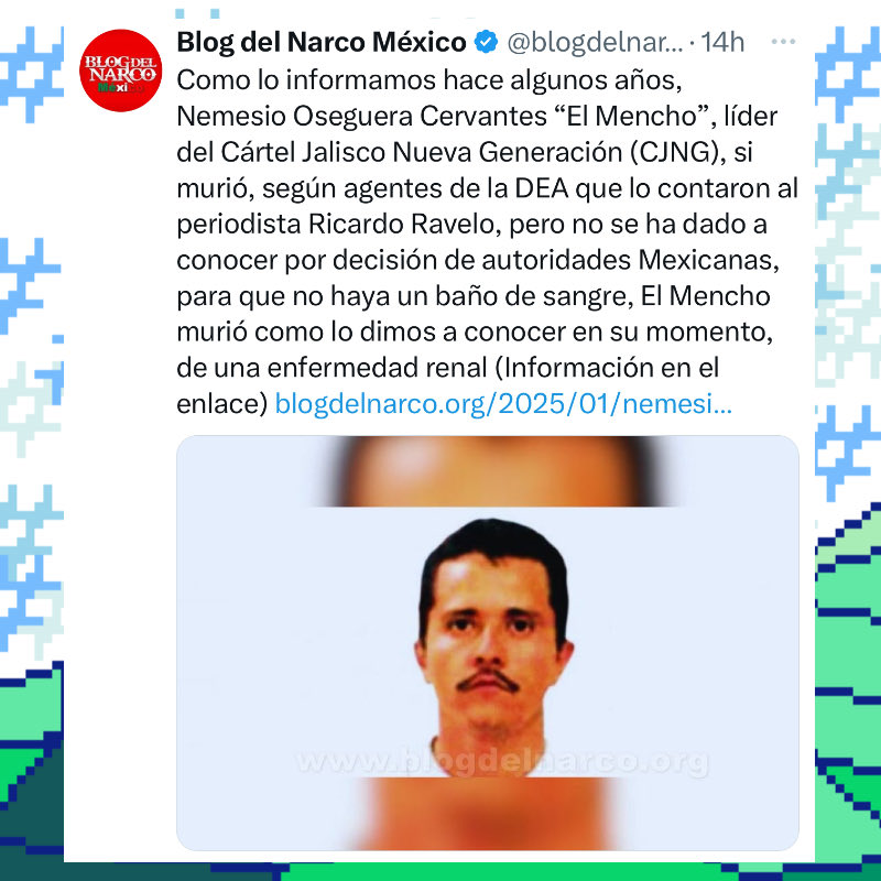 porktendencia's tweet image. “El Mencho”:
Porque el @blogdelnarcomex aseguró que el líder del CJNG murió de una enfermedad renal.
