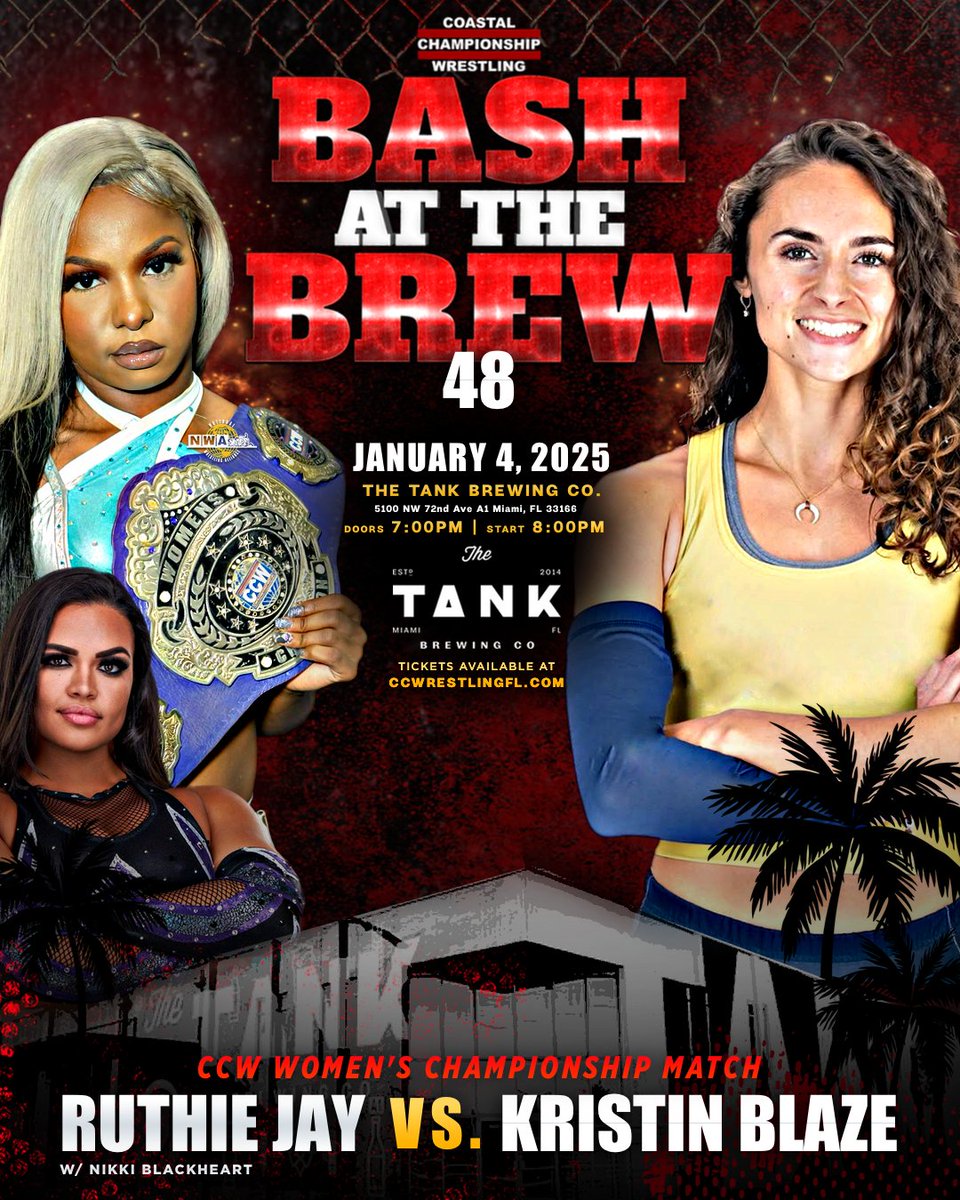 Coastal Championship Wrestling (@ccwalivetv) on Twitter photo It gets hot TONIGHT in MIAMI as CCW presents BASH AT THE BREW 48!
Coming up:
- Hialeah Street Fight: <a href="/Ariel_Levy/">Ariel Levy</a>, <a href="/ViniciousFights/">Vinicious</a>, Alan S2S v <a href="/OzzyKilmeister/">Ozzy Kilmeister</a>, <a href="/H0lyskitz/">Skitz</a>, Agony
- <a href="/DominoCCW/">Domino</a> v <a href="/seanmaluta/">Sean Maluta</a>
- <a href="/SUPERIORQWEEN/">Ruthie Jay ⭐️</a> v Kristin Blaze
+more
Tickets: CCWrestlingFL.com It gets hot TONIGHT in MIAMI as CCW presents BASH AT THE BREW 48!
Coming up:
- Hialeah Street Fight: <a href="/Ariel_Levy/">Ariel Levy</a>, <a href="/ViniciousFights/">Vinicious</a>, Alan S2S v <a href="/OzzyKilmeister/">Ozzy Kilmeister</a>, <a href="/H0lyskitz/">Skitz</a>, Agony
- <a href="/DominoCCW/">Domino</a> v <a href="/seanmaluta/">Sean Maluta</a>
- <a href="/SUPERIORQWEEN/">Ruthie Jay ⭐️</a> v Kristin Blaze
+more
Tickets: CCWrestlingFL.com