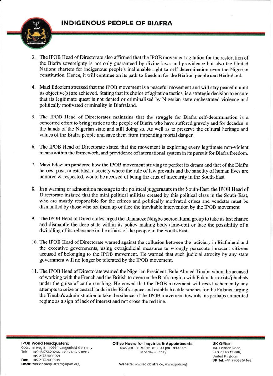 BiafranTweets's tweet photo. NEWS: IPOB Published Transcript of National Address by Mazi Chika Edoziem, IPOB Head of Directorate of State @real_IpobDOS. Lists 25 Points into the Final Phases of Biafra Restoration Project in 2025. https://t.co/v5V0zieChl