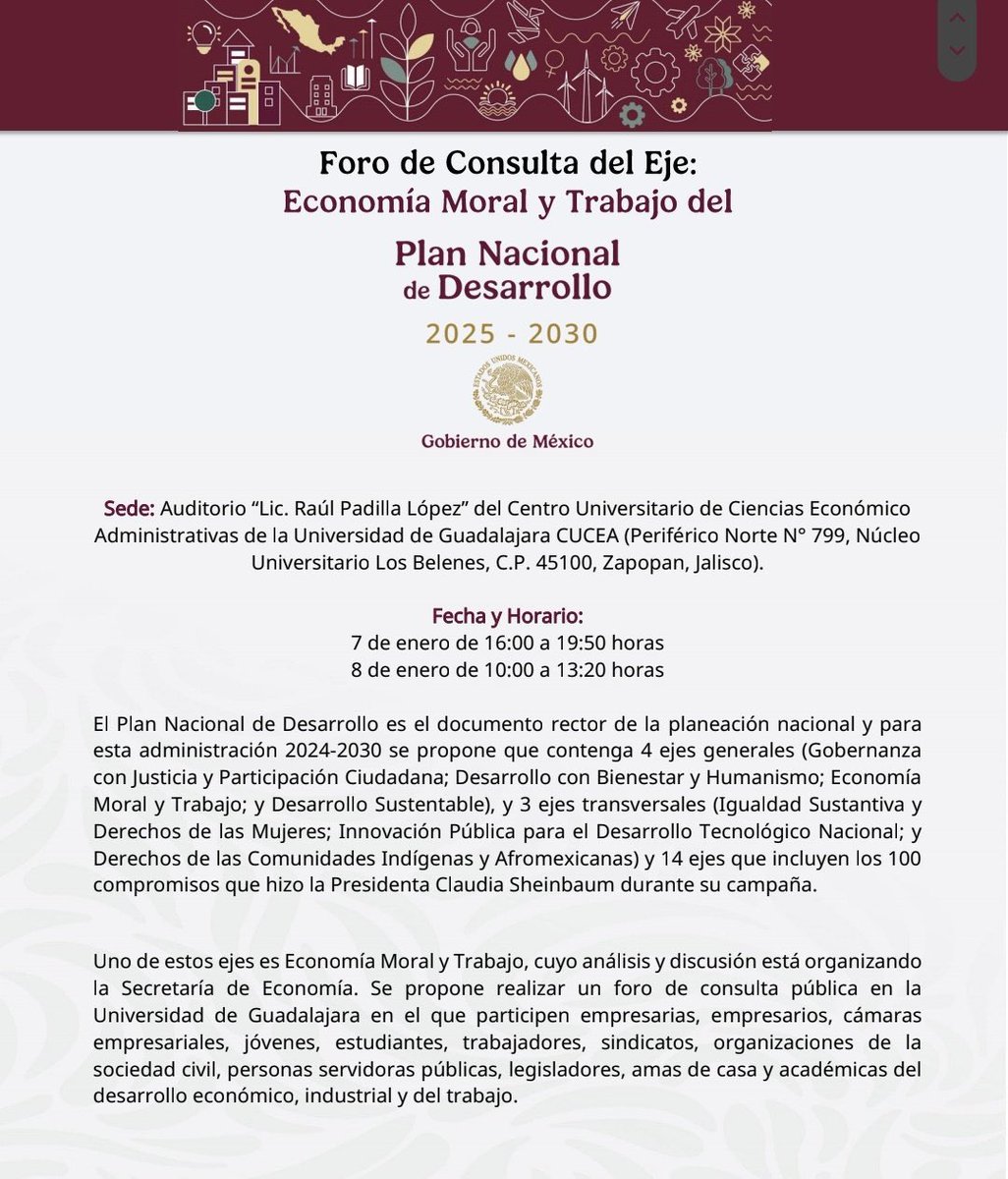 jcsanchezamaya's tweet photo. Este 7 y 8 de enero 2025 te invito al foro de consulta del Plan Nacional de Desarrollo "Economía Moral y Trabajo" que presidirá el Secretario @SE_mx @m_ebrard en #Guadalajara, #Jalisco en el @CUCEA_OFICIAL. Aquí te puedes registrar entrada libre https://t.co/DEJUJueCig… https://t.co/DORK0Vg4hB