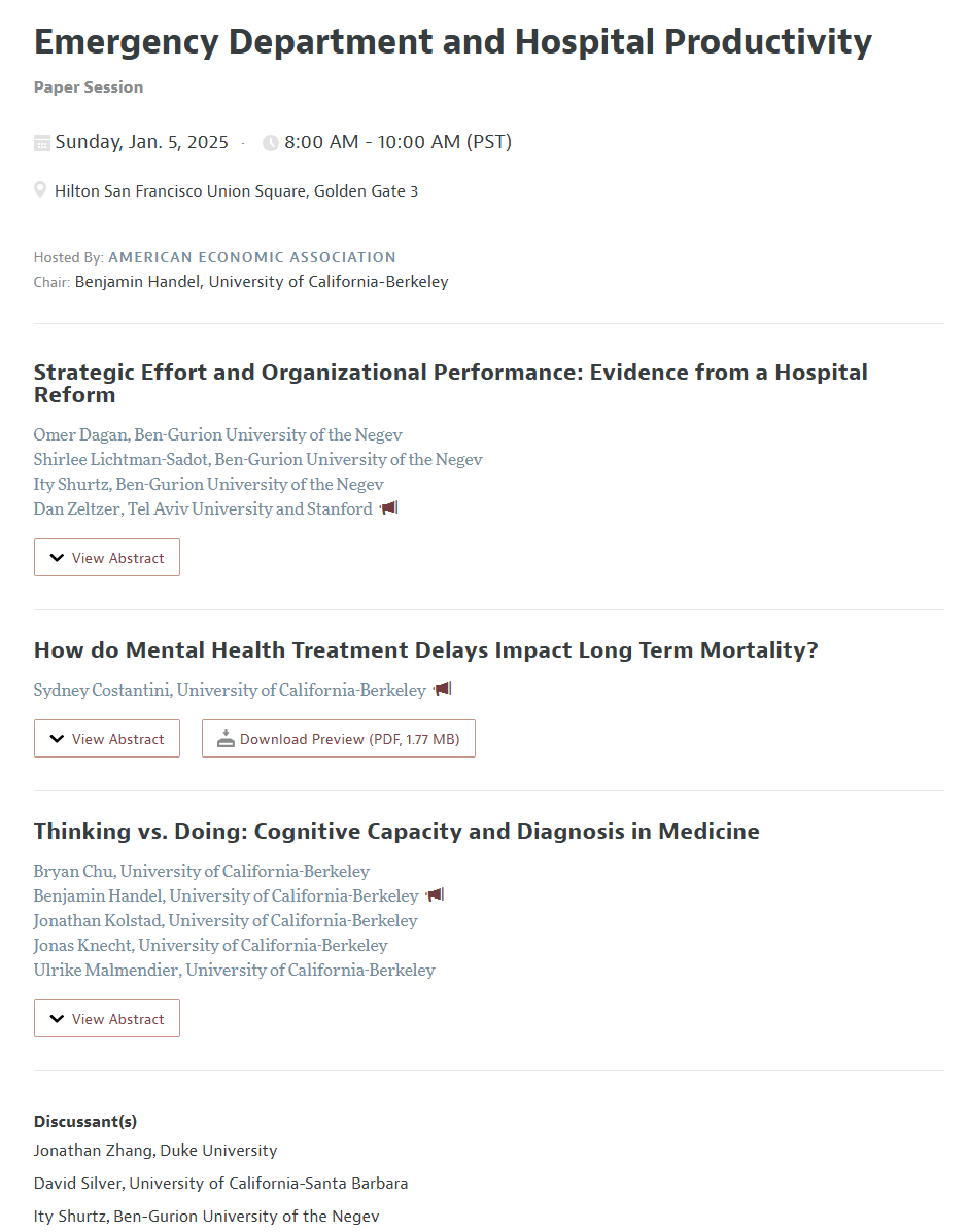 danzeltzer's tweet photo. Presenting Sunday morning at #ASSA2025 on 1) congestion and strategic interactions among hospital departments, and 2) intergenerational mobility in mortality. DM/email me to meet! https://t.co/ndnhTnCGhM