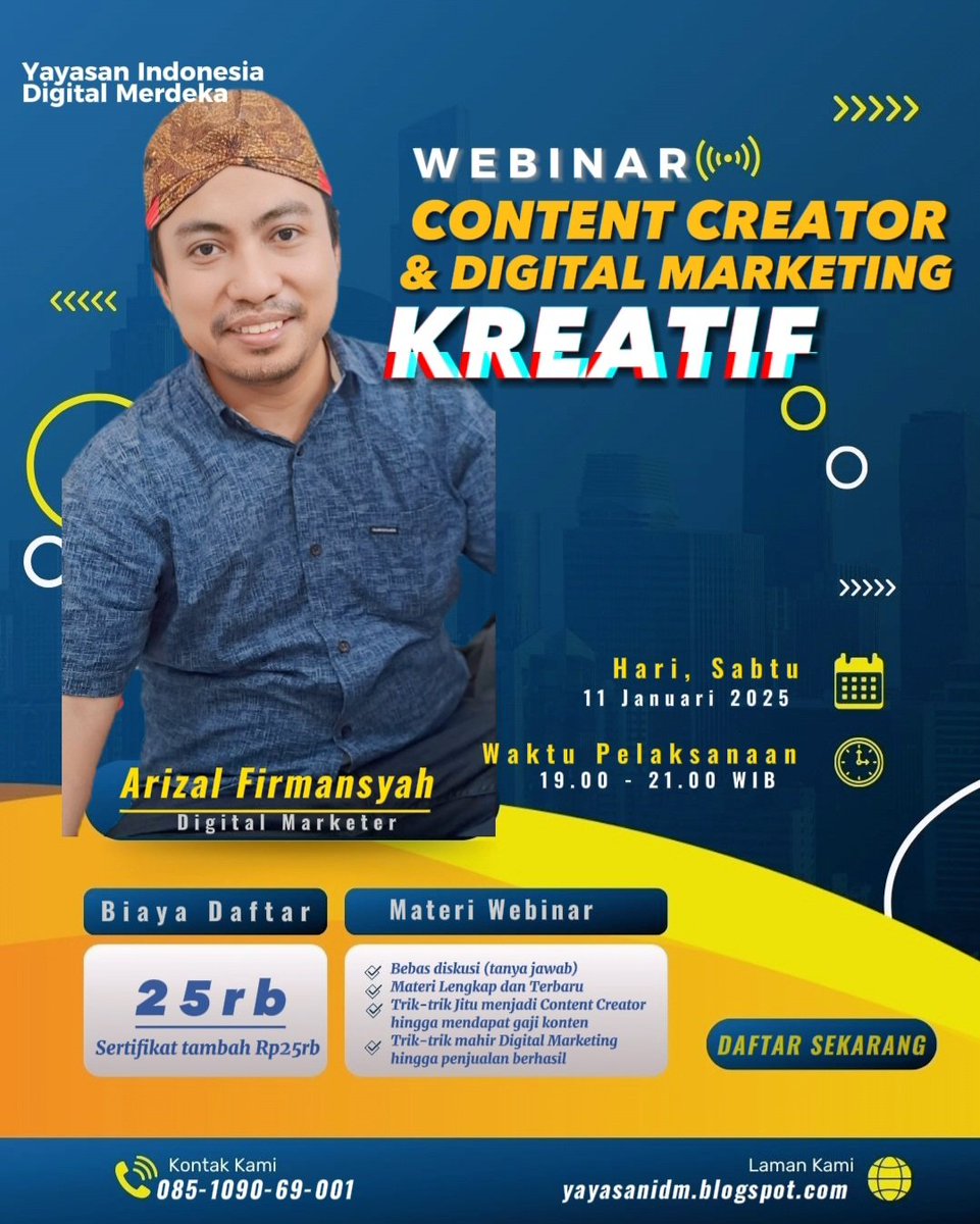 Ayo ikut #webinar Content Creator dan Digital Marketing KREATIF.. #ArizalFirmansyah.. 085109069001