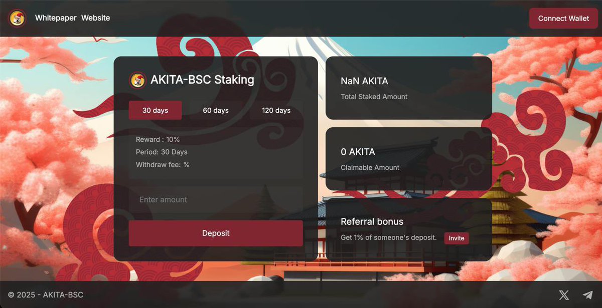 $AKITA Staking Platform 🐕🌟

30 Days - 10% 
60 Days - 25%
120 Days - 70%

Referral bonus
Get 1% of someone's deposit.

Staking will be live soon!