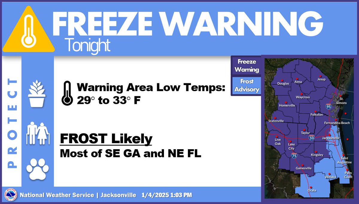 Freeze Warning for all of SE GA and portions of NE FL Tonight.  Frost is likely for most of SE GA and NE FL tonight.  Wrap up sensitive plants and bring pets indoors.