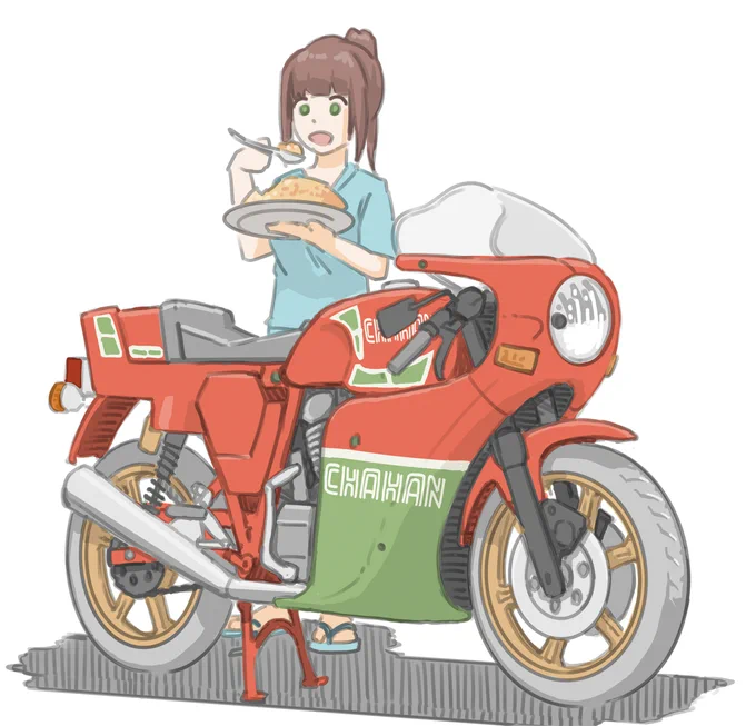 「いやー、愛車を眺めながら喰う大森チャーハンは格別ですな!」と言っている女子です。(Ducati 900MHR)【再掲】#バイクJK#イラスト 