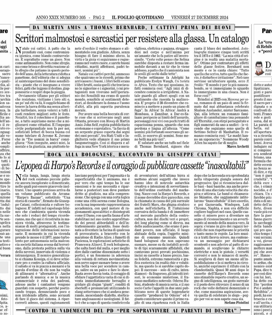 Ventisette gennaio 2024, <a href="/ilfoglio_it/">Il Foglio</a> parla di "Harpo's Bazaar, una storia di cassette". Firma di niente popo' di meno che... #StefanoPistolini! <a href="/ArcanaEdizioni/">Arcana Edizioni</a> #musica #music #libri #libro #books #Bologna <a href="/comunebologna/">Comune di Bologna</a>