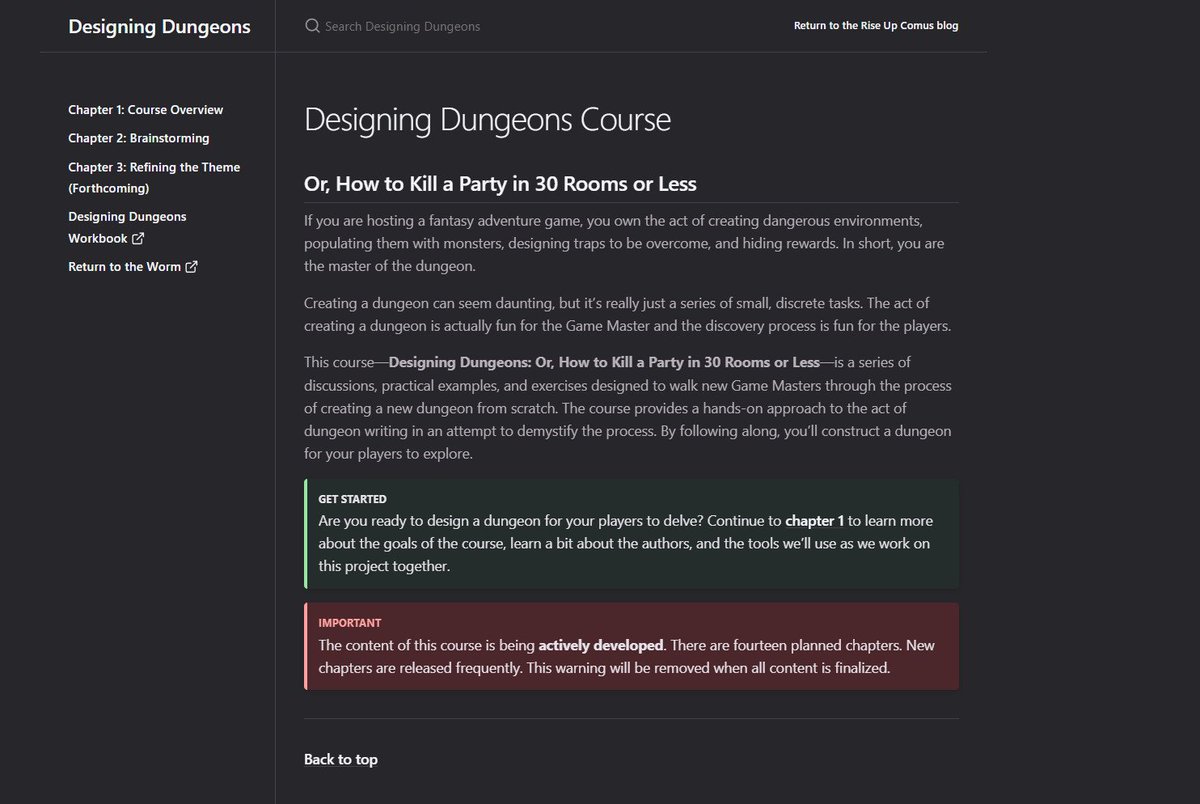riseupcomus's tweet photo. Introducing the Designing Dungeons Course: a free, 14 step, hands-on tutorial that walks you through the process of creating a 30-room dungeon from scratch. 

I just launched the first two chapters. More chapters forthcoming every week. I hope you'll check it out!

Link below! https://t.co/jTzhawwZ2K