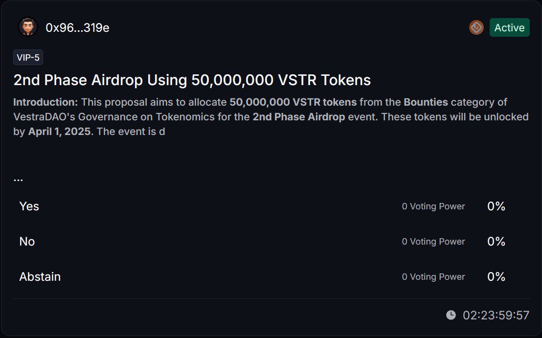 🗳️ New Proposal: 2nd Phase Airdrop (VIP-5)

➡️ Details: A new proposal suggests allocating 50,000,000 $VSTR tokens for the 2nd Phase #Airdrop, introducing new games and enhanced engagement rewards to boost platform growth. 

💬 Voting is open for 3 days!

📌 Who can vote? 

🔶