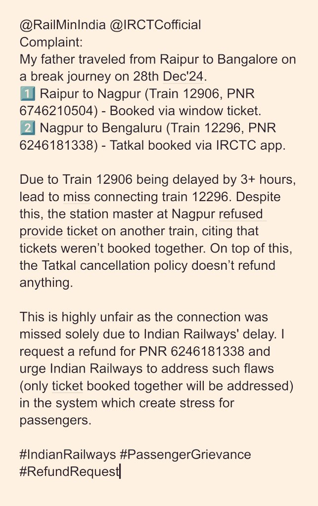 utkarsh_12's tweet photo. @RailMinIndia @IRCTCofficial
@AshwiniVaishnaw
Complaint: 
#BreakJourney Ticket rules flaw
#PassengerGreivance
#IndianRailways
#Refundrequest

My father traveled from Raipur to Bangalore on a break journey on 28th Dec'24.. 
continued on attached image https://t.co/nIPIdWeGQ4