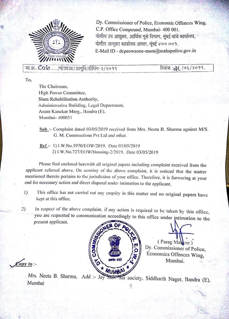 <a href="/SardesaiVarun/">Varun Sardesai</a> <a href="/mybmc/">माझी Mumbai, आपली BMC</a> <a href="/mybmcWardHE/">Ward HE BMC</a> 
Builder GM construction is safeguarded by not recovering 2.5 crores taxes and water theft bills &amp; given new water lines ilegaly.
CTS 615 govt staff quarters land Grabbed, despite Collector's order abeyance and no works on CTS 615 land, PR cards &amp; land papers bogus