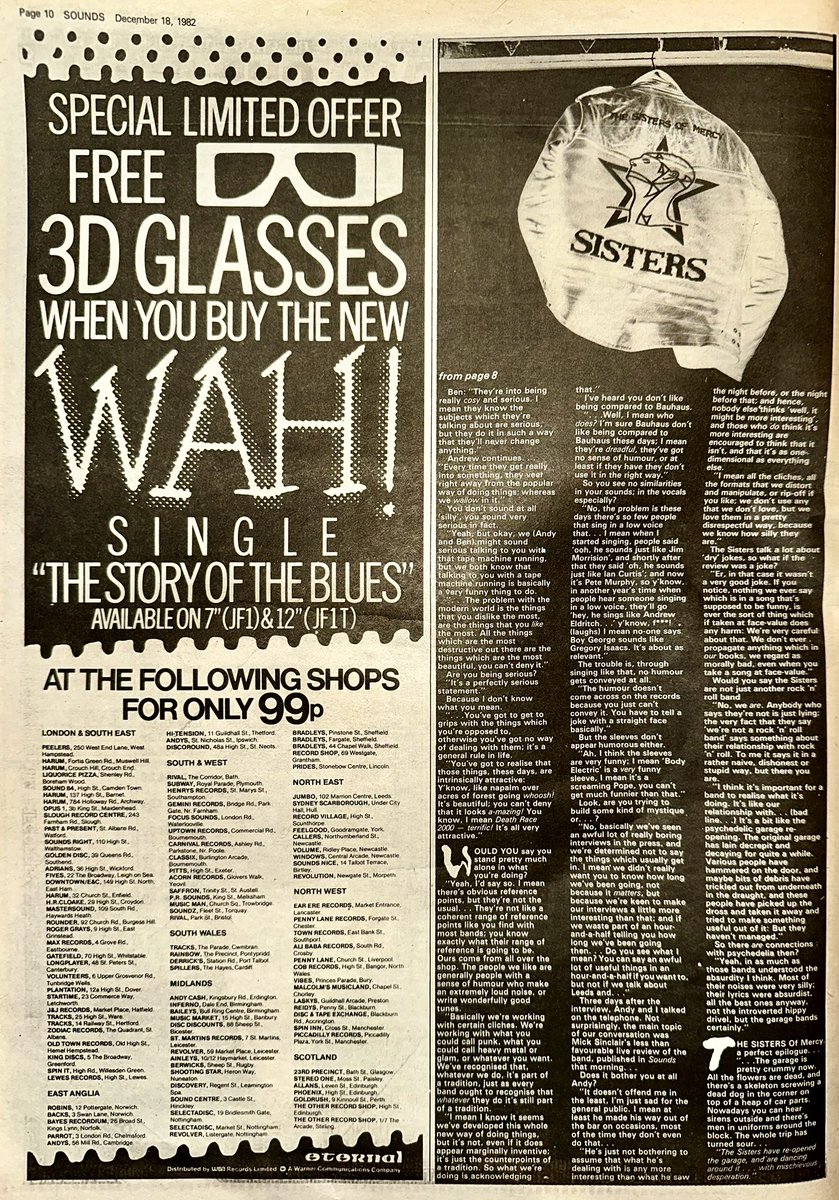 ZoundsAbound's tweet image. Leeds band #TheSistersOfMercy make this week’s front cover &amp;amp; Winston Smith writes the feature inside, charting these early days through the ever quotable #AndrewEldritch 

Sounds Dec 18th 1982