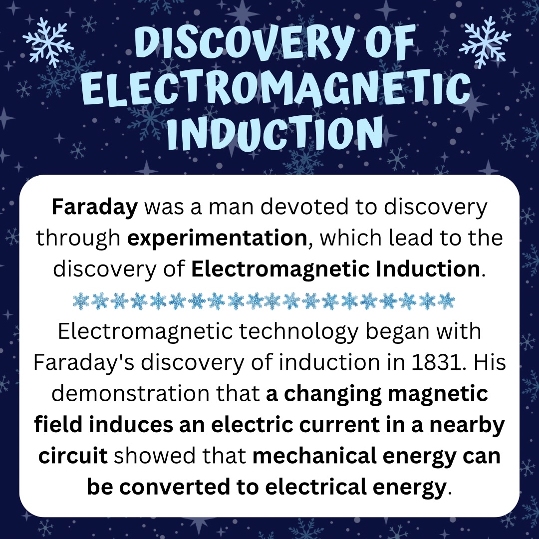Every day for the twelve days of Christmas, we’ll be doing our own version! The Twelve Days of Discoveries! We’ll highlight twelve important discoveries that have shaped physics as we know it! 

For the eleventh day, we’re highlighting the Discovery of Electromagnetic Induction!