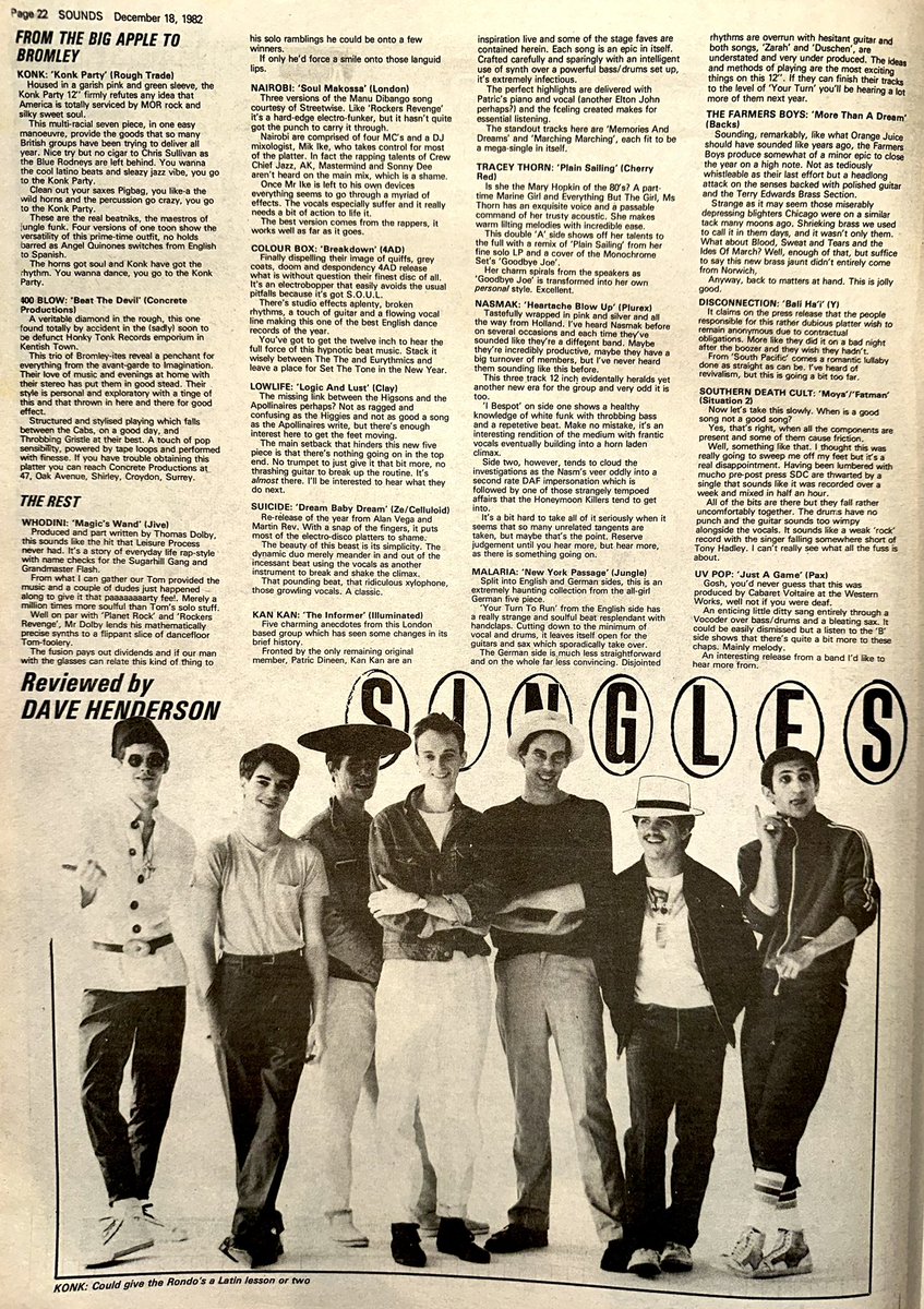 ZoundsAbound's tweet photo. Dave Henderson reviews the Singles this week, his co favourites being ‘Konk Party’ by #Konk &amp; ‘Beat The Devil’, the debut by #400Blows

Reviews too for releases by #Whodini #Nairobi #ColourBox #Lowlife #Suicide @tracey_thorn #TheFarmersBoys &amp; #UVPop 

Sounds Dec 18th 1982 https://t.co/gD605OHq70