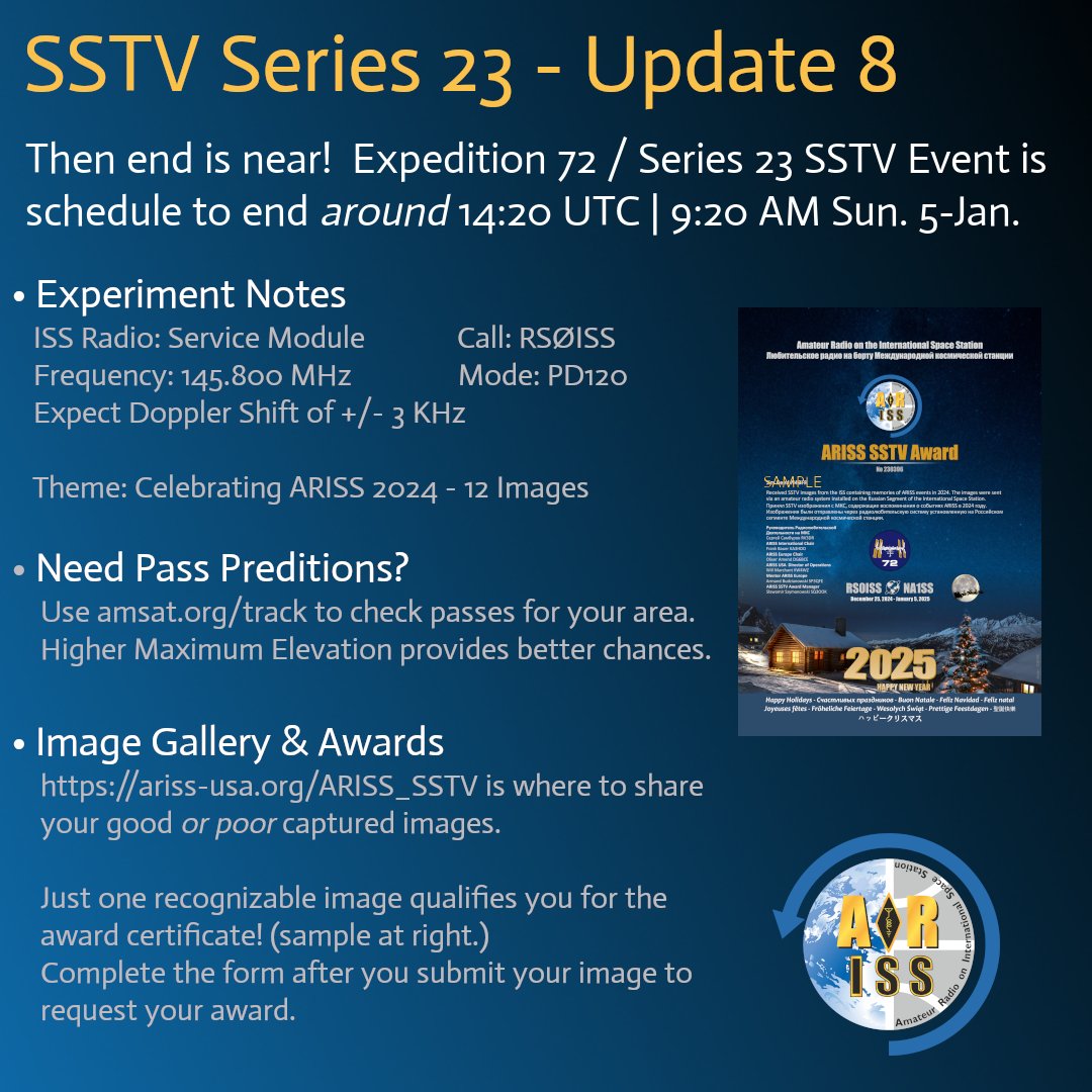 Only about 24 hours remain in the ARISS Year-End SSTV event.   

There is still time to catch an image and receive your certificate!  

Check the graphic for all the details on this fun ham radio experiment.