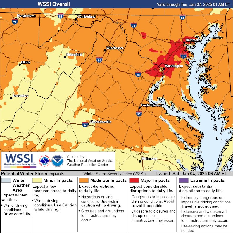 MikeTFox5's tweet photo. Good morning! 🌨️☃️ Here’s your Saturday morning update from the NWS….

❄️ Forecasting 5-10” of snow for DC
❄️ They still favor some mixing south of DC, as shown by their ice accumulation map.
❄️ Forecasting arrival of snowfall between 9-11pm Sunday for DC
❄️Calling for “Major Impacts” for I-95 corridor around DC & Baltimore, including “Dangerous to Impossible Driving Conditions”

Yea…think most people are going to be adding and extra day or two to their weekend with this one 😅

More updates to come! 🌨️☃️
