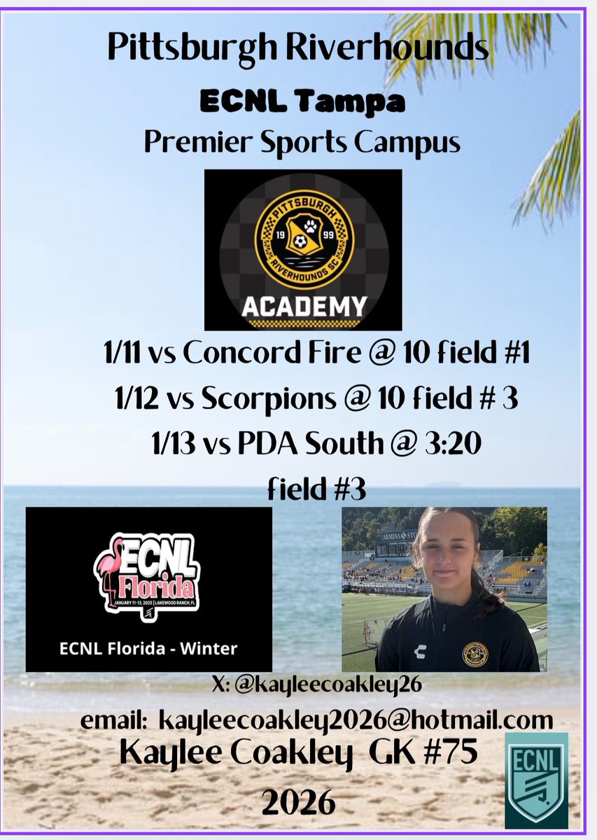 Kaylee Coakley- ECNL GK 🧤2026 (@kayleecoakley26) on Twitter photo 1️⃣ week until our 2008 <a href="/HoundsAcademy/">The Riverhounds Academy</a> team heads to ECNL Florida! Hope to see you there! <a href="/ImYouthSoccer/">ECNL/GA/Recruiting/College Soccer</a> <a href="/ImCollegeSoccer/">College Soccer Truth ™</a> <a href="/TopPreps/">SPORTS NEWS, VIDEOS, GRAPHICS, EXPOSURE & MORE</a> <a href="/SunilSportsNews/">Sports News By Sunil Sunder Raj</a> <a href="/collegesoccercr/">College Soccer Creator</a> <a href="/GoMVB/">GoMVB Get Seen. Get Serious. Get to the Next Level</a> <a href="/CoastRecruits/">Coast 2 Coast Recruits</a> <a href="/scan1ansports/">ꜱᴄᴀɴʟᴀɴ ꜱᴘᴏʀᴛꜱ™️</a> <a href="/ugkalliance/">@unitedgkalliance</a> <a href="/gkpittsburgh/">Erik Eisenhut</a> <a href="/TheSoccerWire/">SoccerWire</a> <a href="/Internespo/">Internespo - College Soccer</a> <a href="/NcsaSoccer/">NCSA Soccer</a> <a href="/PrepSoccer/">Prep Soccer ⚽️</a> 1️⃣ week until our 2008 <a href="/HoundsAcademy/">The Riverhounds Academy</a> team heads to ECNL Florida! Hope to see you there! <a href="/ImYouthSoccer/">ECNL/GA/Recruiting/College Soccer</a> <a href="/ImCollegeSoccer/">College Soccer Truth ™</a> <a href="/TopPreps/">SPORTS NEWS, VIDEOS, GRAPHICS, EXPOSURE & MORE</a> <a href="/SunilSportsNews/">Sports News By Sunil Sunder Raj</a> <a href="/collegesoccercr/">College Soccer Creator</a> <a href="/GoMVB/">GoMVB Get Seen. Get Serious. Get to the Next Level</a> <a href="/CoastRecruits/">Coast 2 Coast Recruits</a> <a href="/scan1ansports/">ꜱᴄᴀɴʟᴀɴ ꜱᴘᴏʀᴛꜱ™️</a> <a href="/ugkalliance/">@unitedgkalliance</a> <a href="/gkpittsburgh/">Erik Eisenhut</a> <a href="/TheSoccerWire/">SoccerWire</a> <a href="/Internespo/">Internespo - College Soccer</a> <a href="/NcsaSoccer/">NCSA Soccer</a> <a href="/PrepSoccer/">Prep Soccer ⚽️</a>