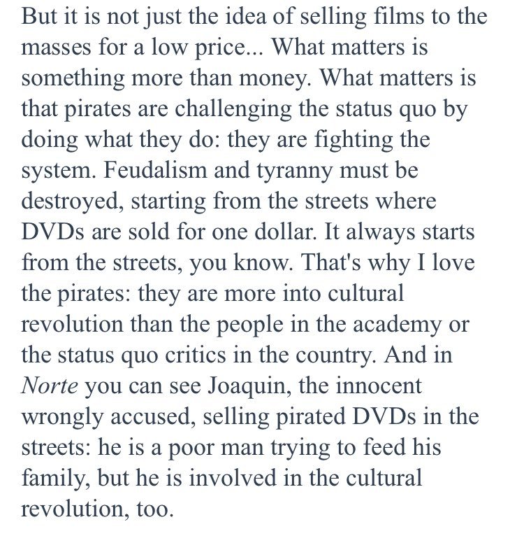 tuhinat221b's tweet image. Filipino auteur Lav Diaz (who's a small artist the anti-piracy asshats are so concerned about), whose films never get theatrical releases, his source of income is fest screenings and he himself has to sell DVDs of his films in Manila streets to get an audience, LOVES pirates.